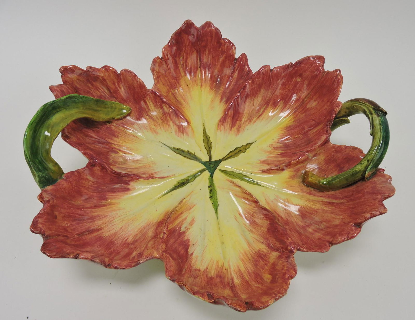 Jerome Massier majolica large flower: form bowl with stem handles, 15"