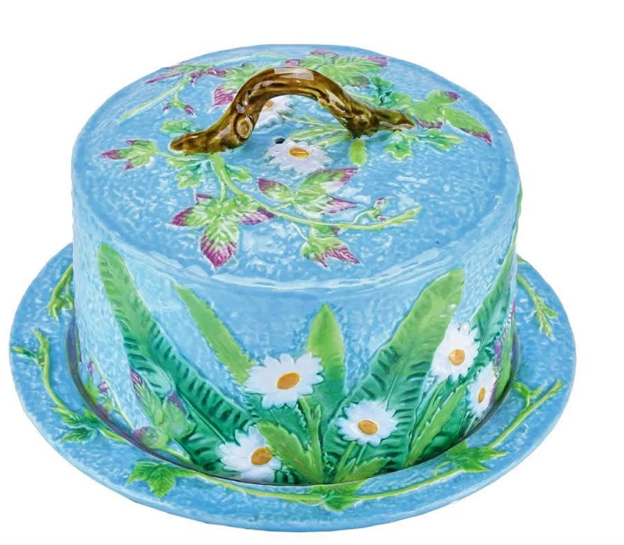 George Jones majolica flower and fern: cheese keeper and cover with branch handle, the turquoise cover decorated with daisies and dock leaves, the dish with a turquoise border with scattered leaves, 10 1/4"d, 7"h, great color
