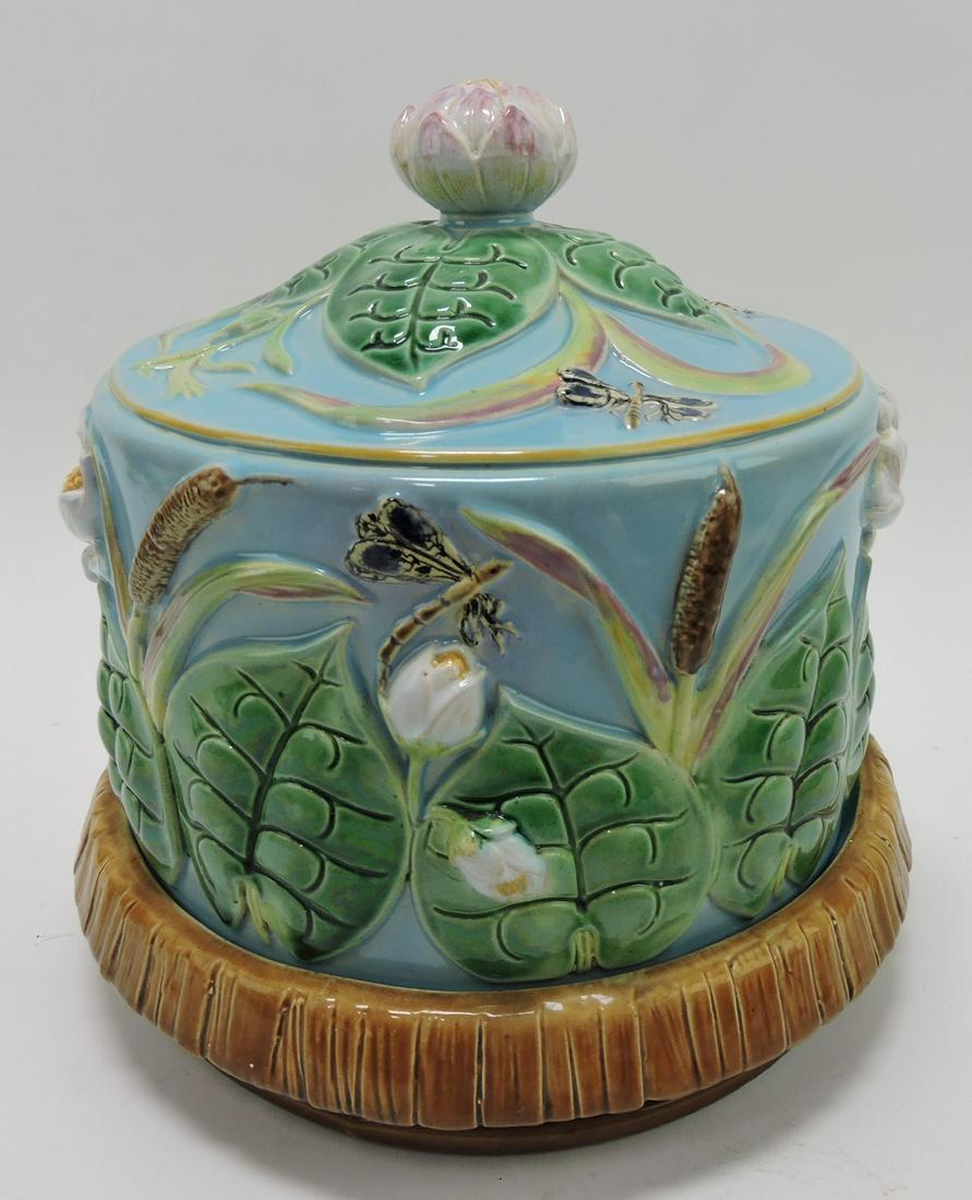 George Jones majolica turquoise: dragonfly, water lily, and bullrush cheese keeper, 10"h