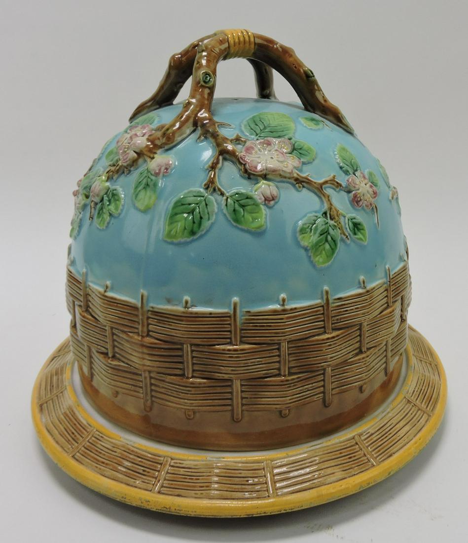 George Jones majolica apple blossom: and wicker cheese keeper , 10"