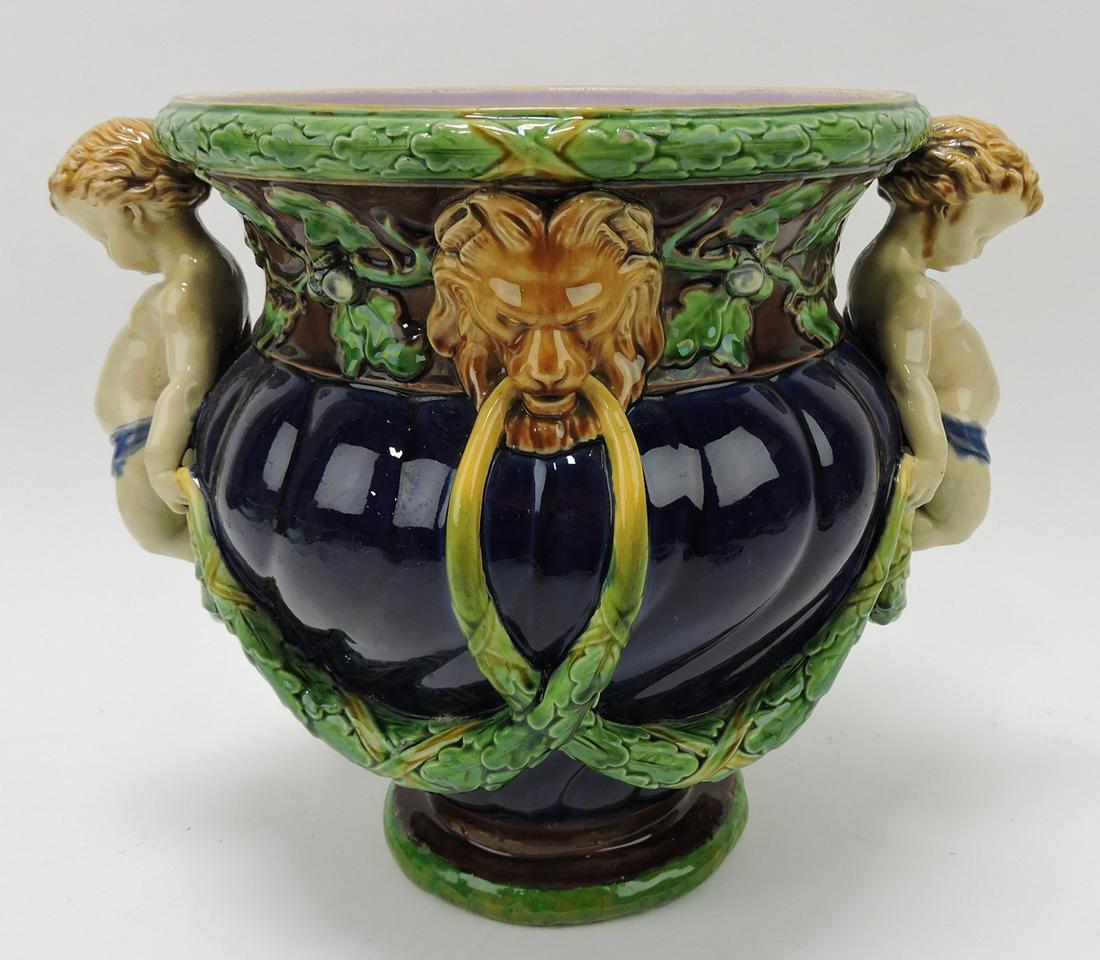 Minton majolica cobalt wine cooler with: satyr handles, 10 1/2". base rim repair