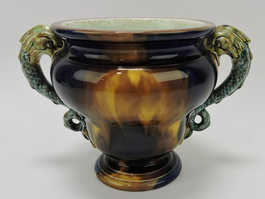 Wedgwood majolica mottled wine: cooler with dolphin handles, 8"