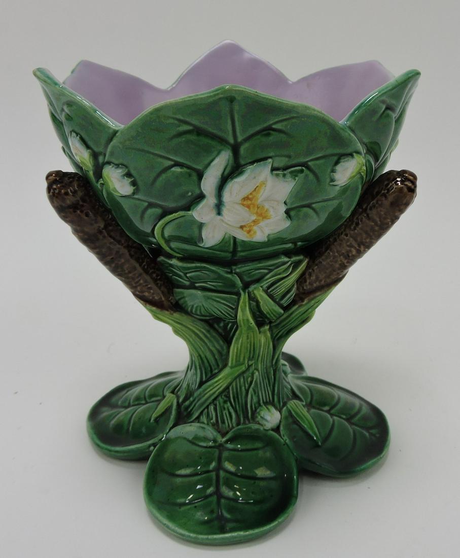 George Jones majolica pond lily and: bullrush 5 1/2" vase, professional rim repair
