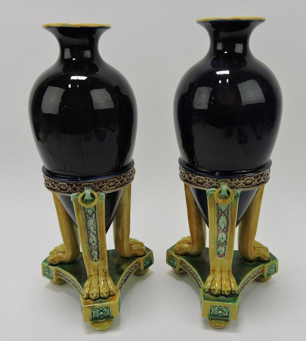 George Jones majolica pair of amphora: vases, 12 1/2"