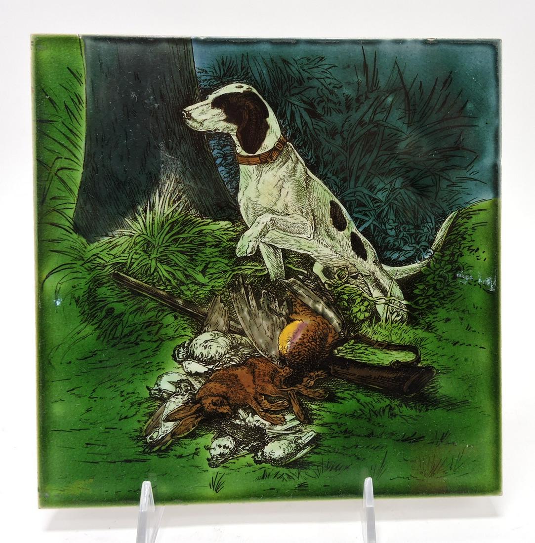 Wedgwood majolica 8" tile with hunting: dog with game birds, rabbit, and gun