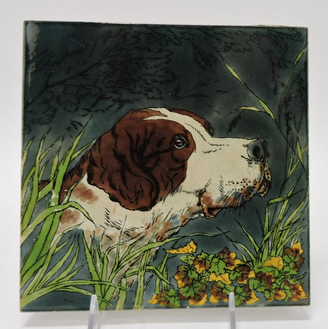 Wedgwood majolica 8" tile with hunting: dog with game birds, rabbit, and gun