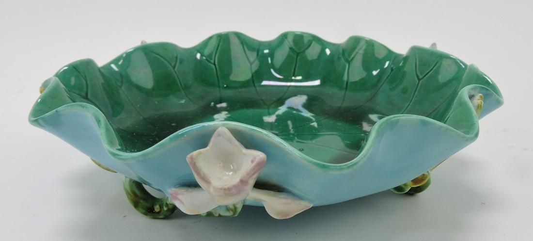 Minton majolica pond lily and floral 6 1/2": bowl with vine feet, shape no. 1589