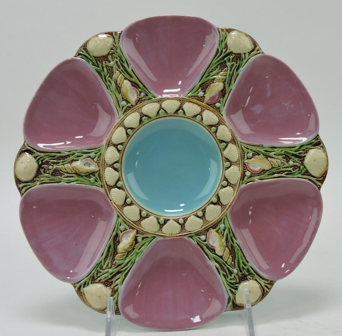 Minton majolica pink six well oyster plate,: shape no. 1323, 9"
