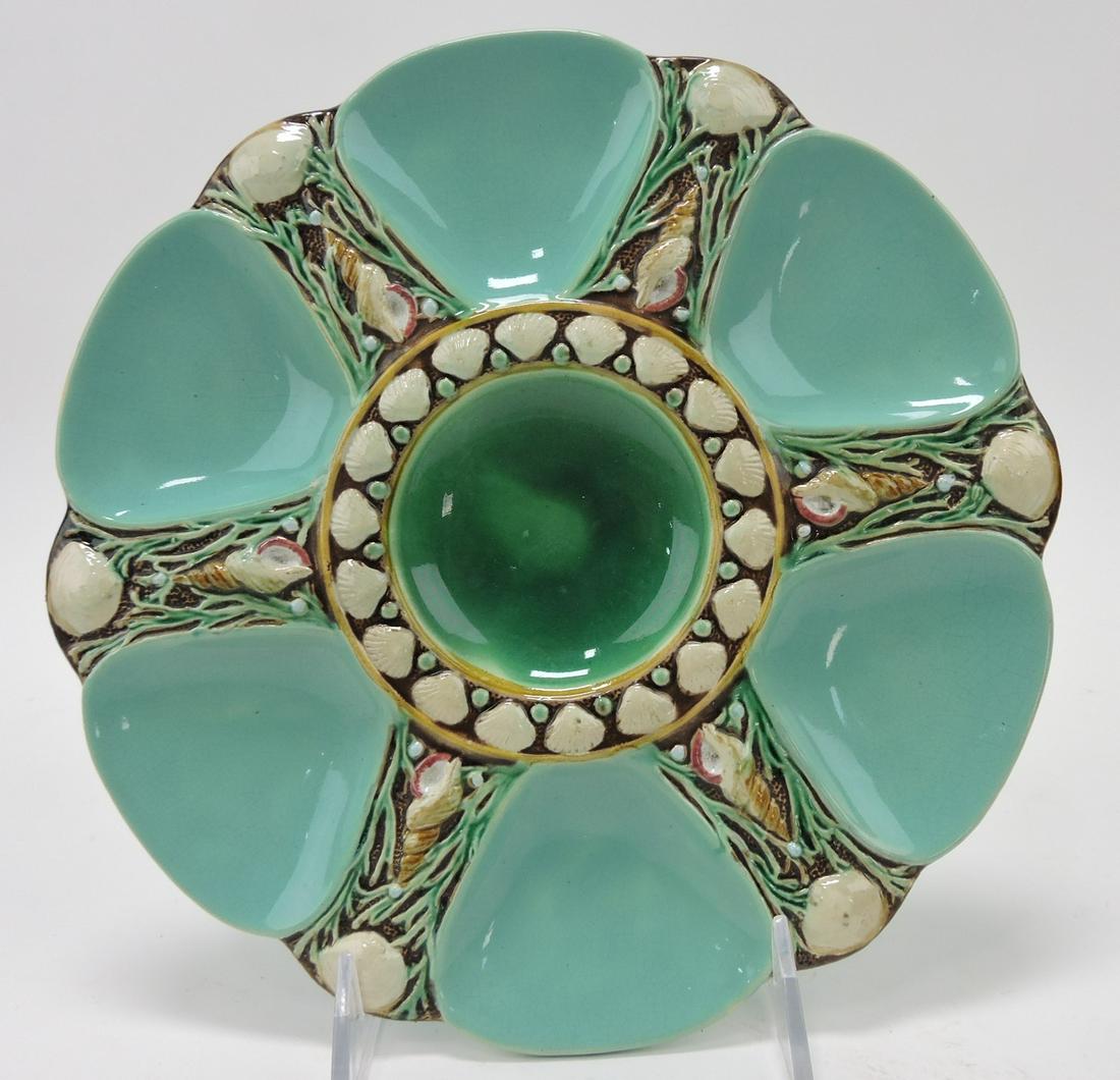 Minton majolica seamist six well oyster: plate, shape no. 1323, 9"