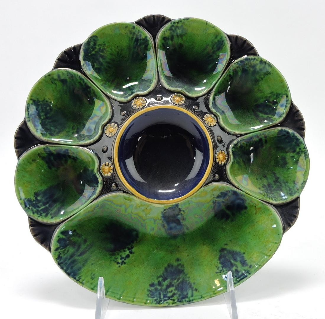 Minton majolica six well oyster plate: with cracker well, mottled blue/green, 9", shape no. 2245