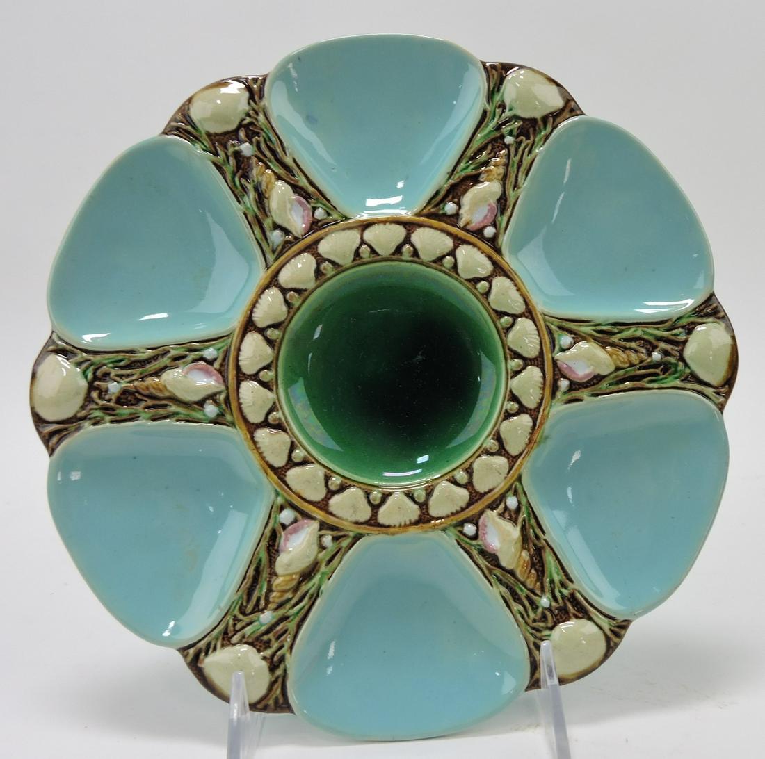 Minton majolica turquoise six well: oyster plate, shape no. 1323, 9"