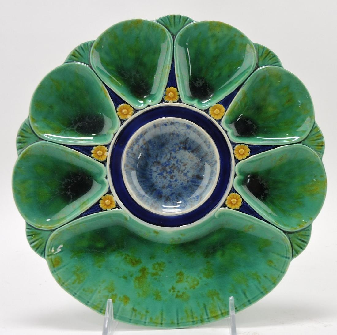 Minton majolica six well oyster plate: with cracker well, shape no. 2239, 10"