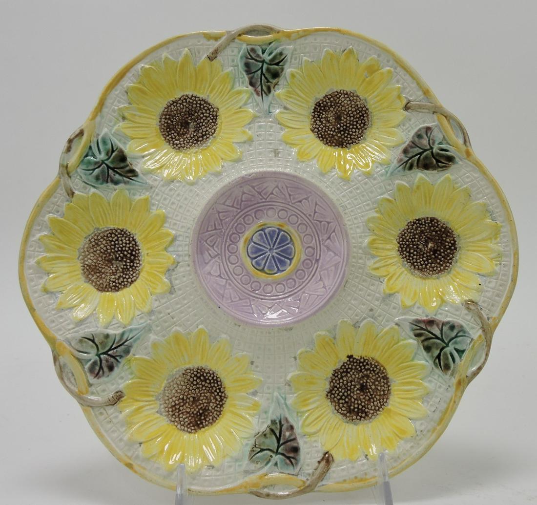 Samuel Lea majolica six well sunflower: oyster plate, 10"