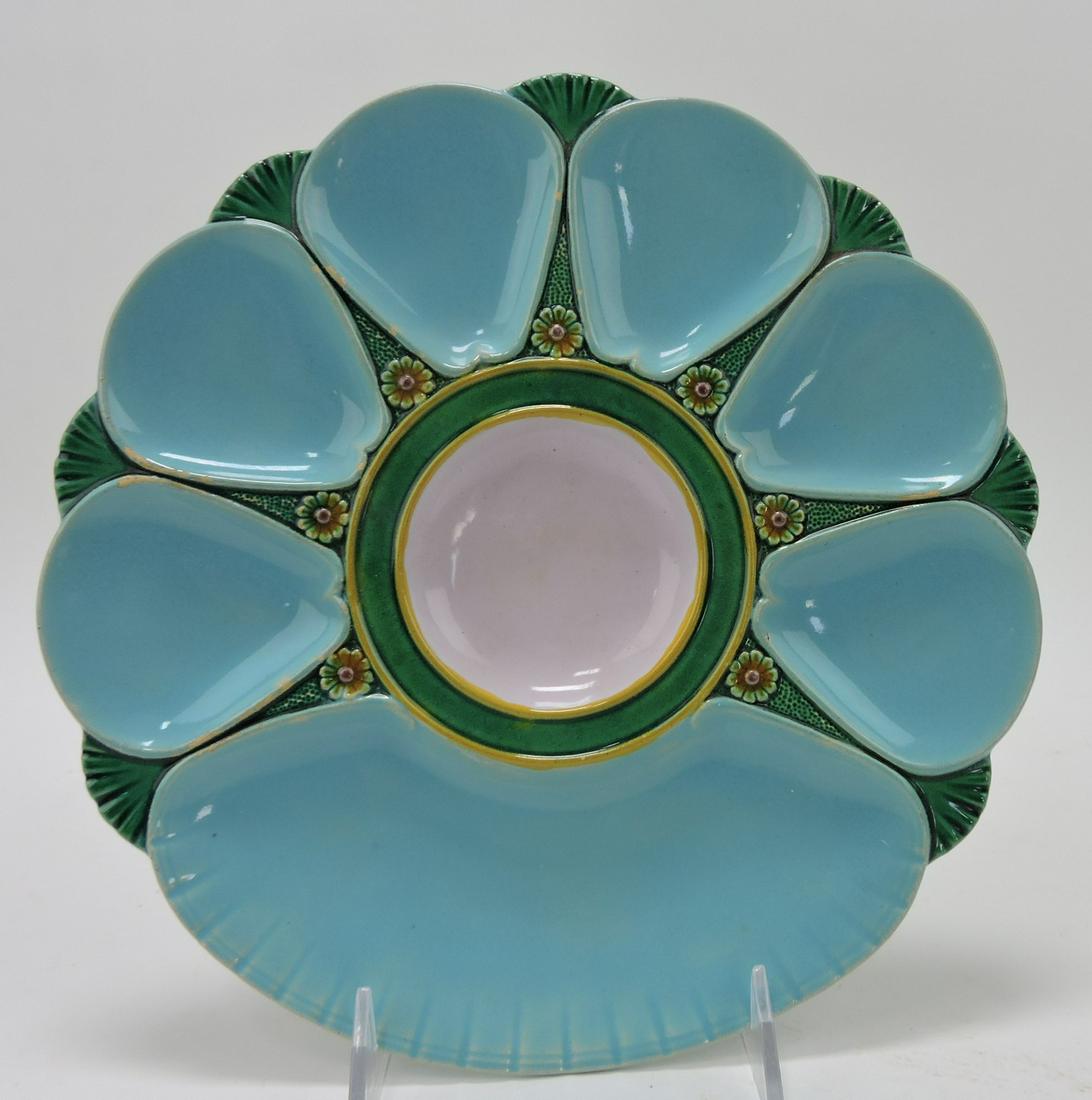 Minton majolica turquoise/green six well: oyster plate with cracker well, shape no. 2239, 10", surface wear, glaze loss to back