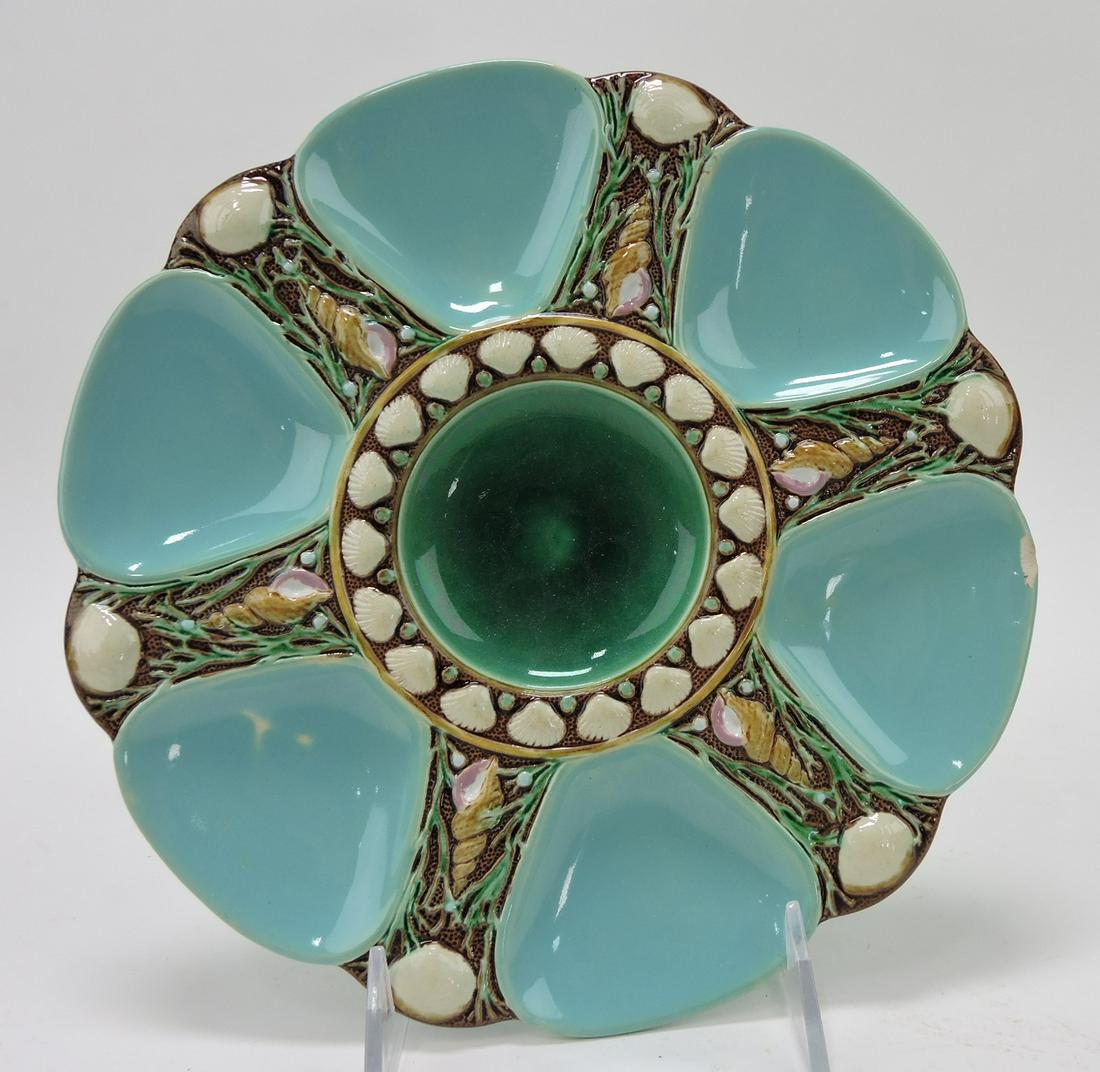Minton majolica six well oyster plate, 9",: turquoise, shape no. 1323; rim chip