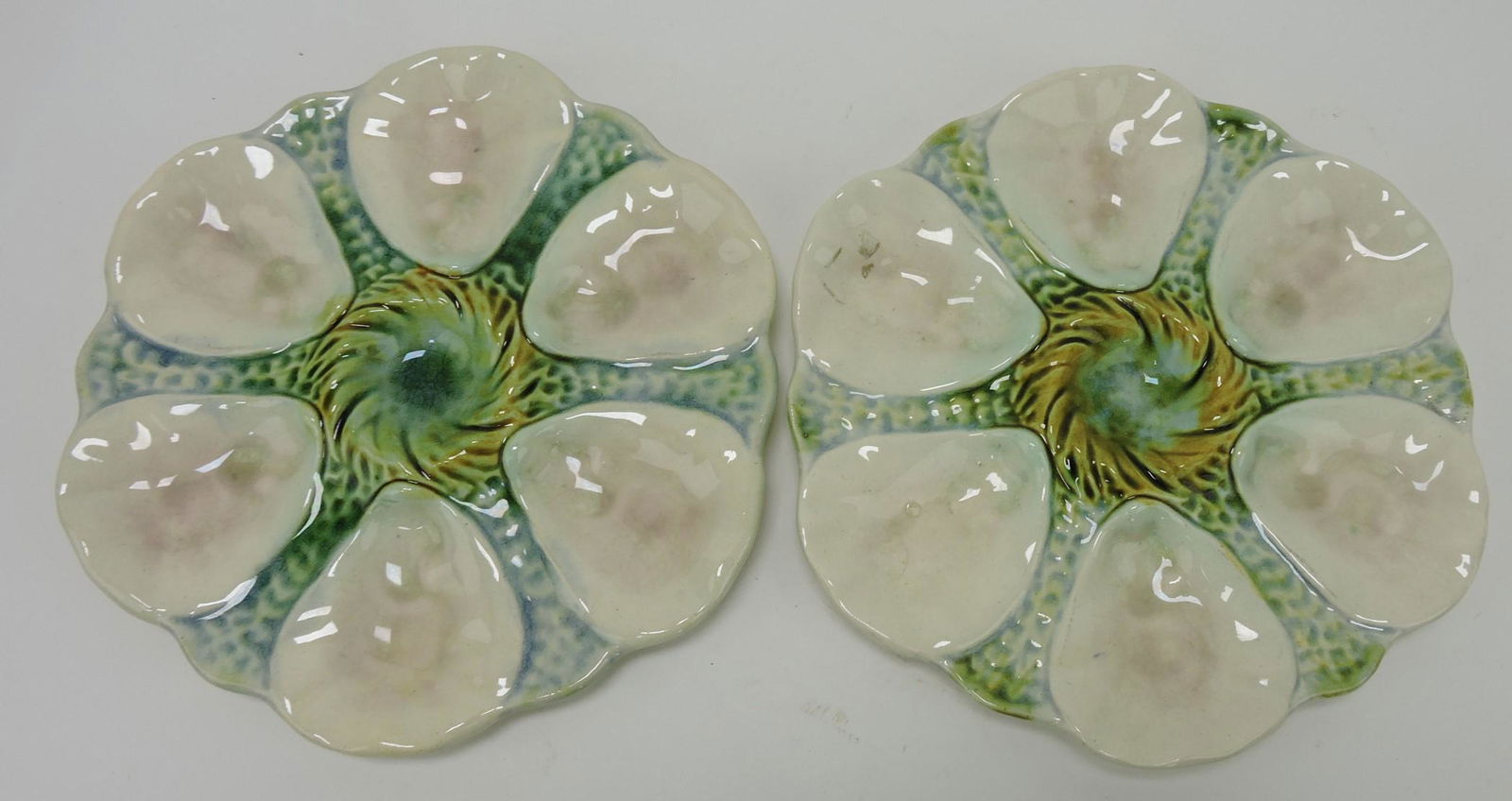 French majolica pair of 6 well oyster: plates, 9 3/4"