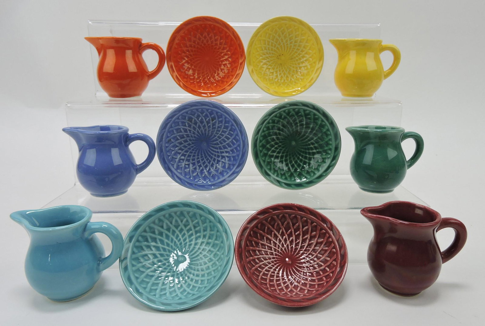 Fiesta Harlequin set of 5 individual creamer: and nut cup sets: red, yellow, mauve blue, turquoise, maroon