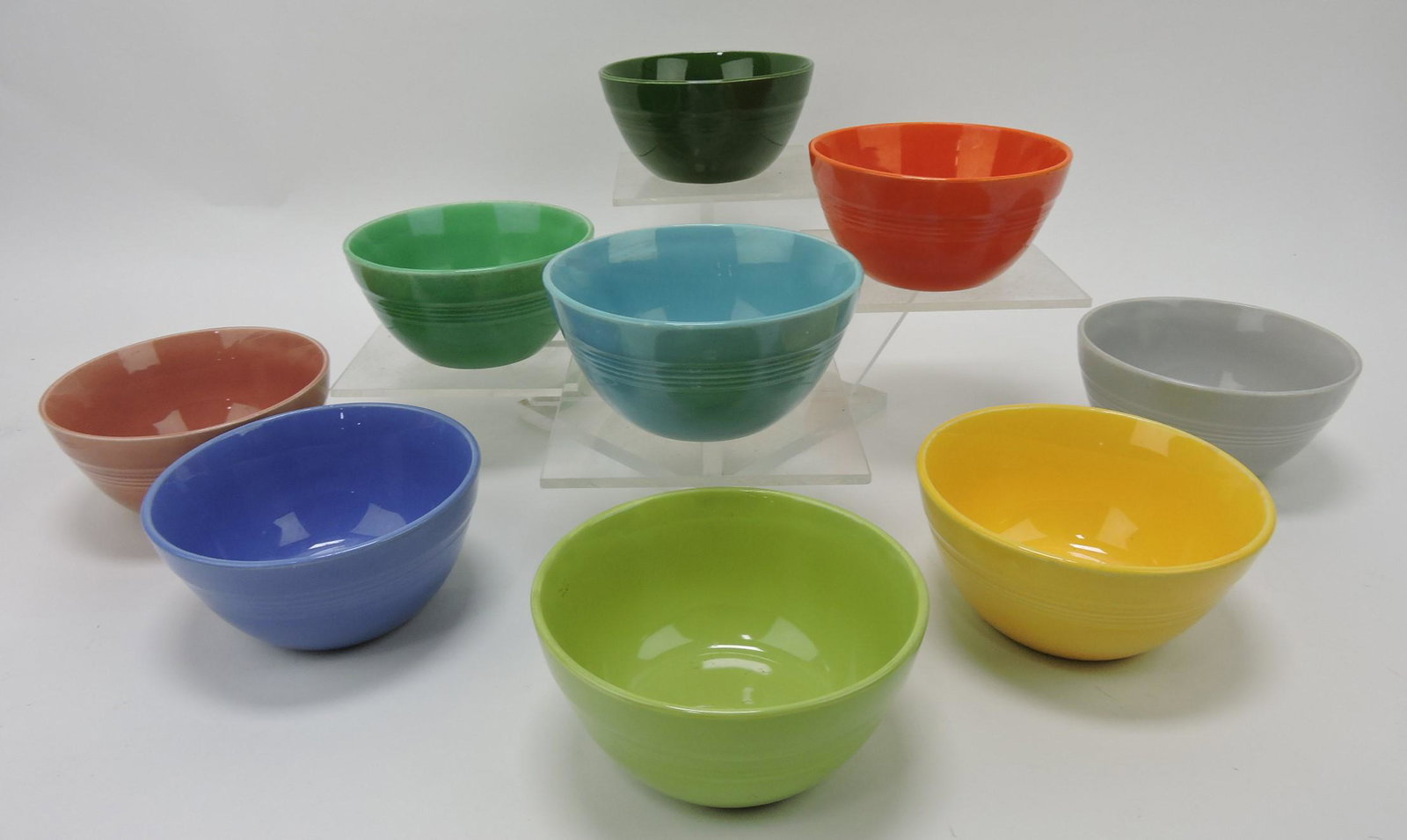 Fiesta Harlequin lot of 9 36s bowls, some: with rim wear, 9 colors