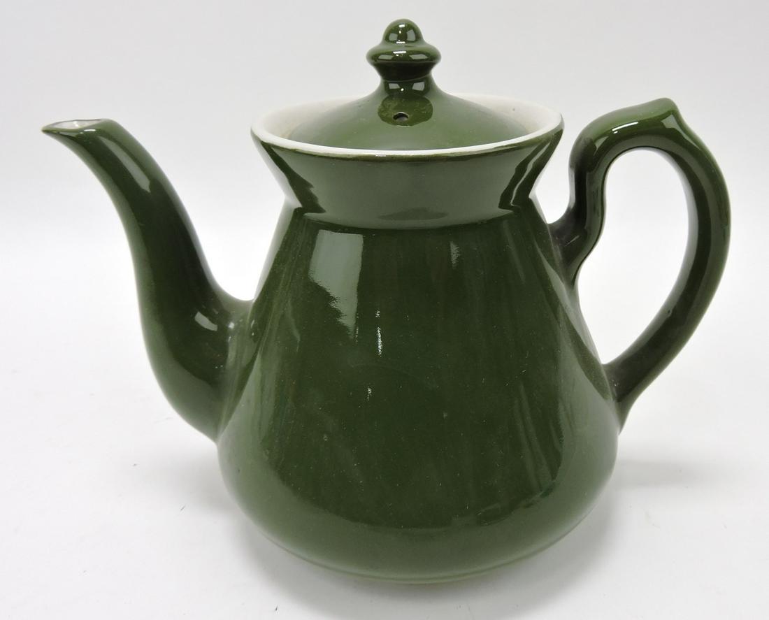 Hall China green Philadelphia teapot, nick: to spout, incised "SAVE" on bottom