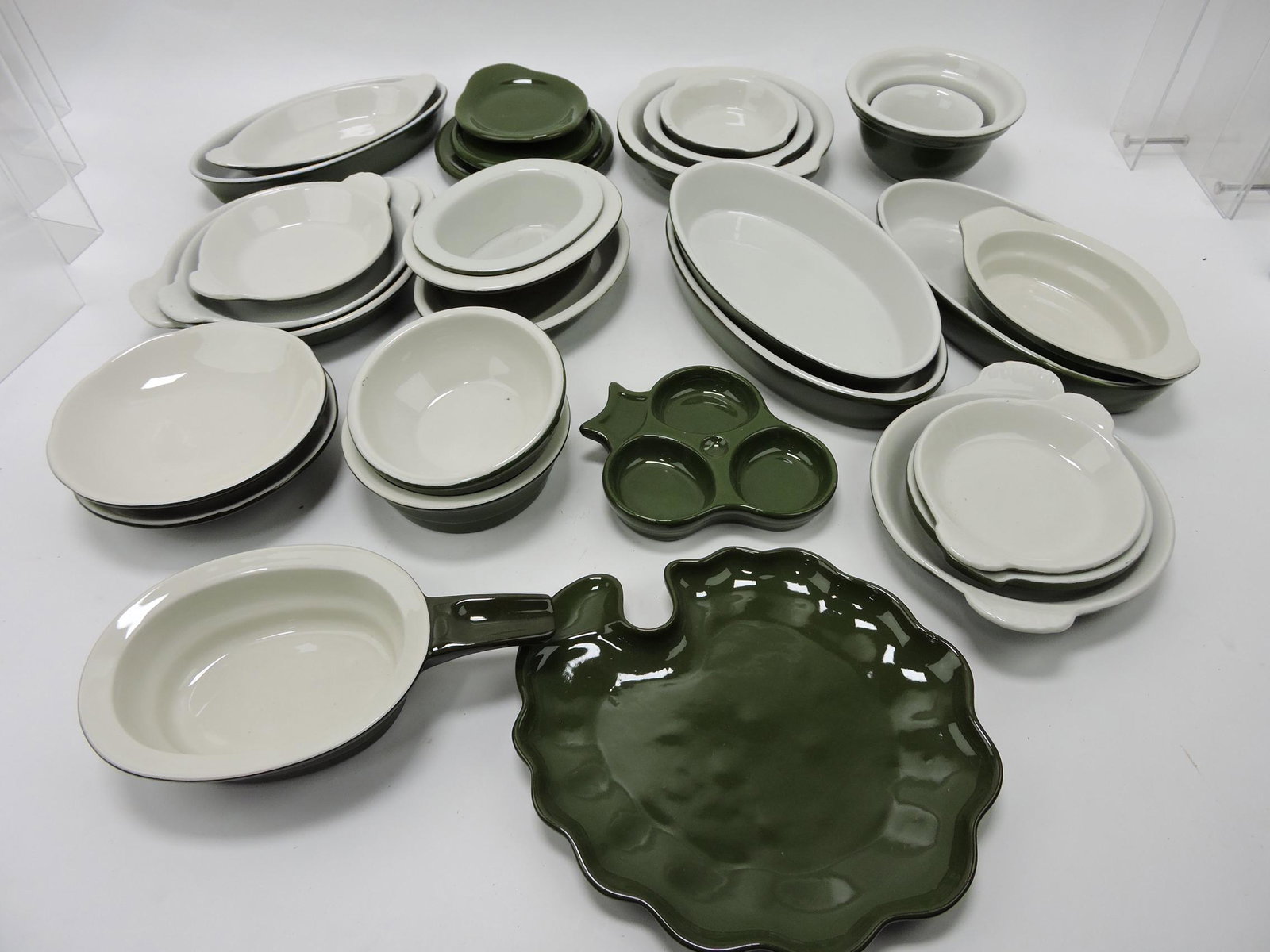 Hall China greenware lot of 30 bakers,: bowls, trays, and trivets