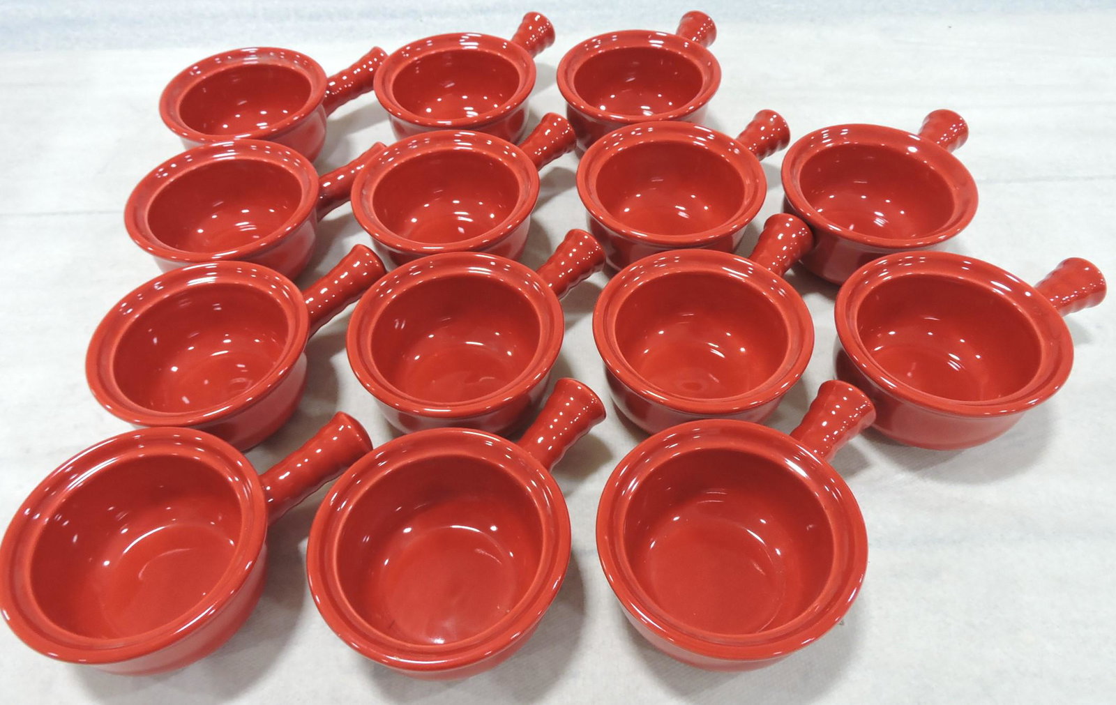 Hall China lot of 14 red single handled: casseroles, no lids, #1192
