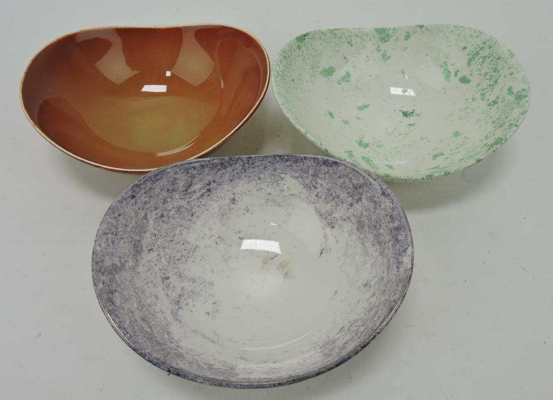 Hall China MCM Eva Zeisel Tomorrow's: Classic lot of 3 fruit bowls, shop samples, experimental glaze