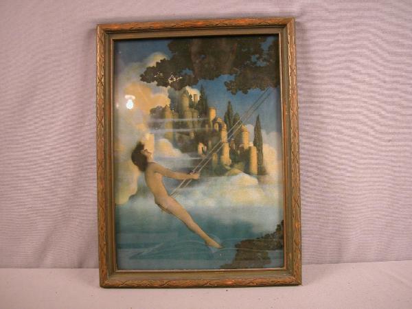 Maxfield Parrish print, girl on swing, 10 1/2" x 1: Maxfield Parrish print, girl on swing, 10 1/2" x 14 1/2"