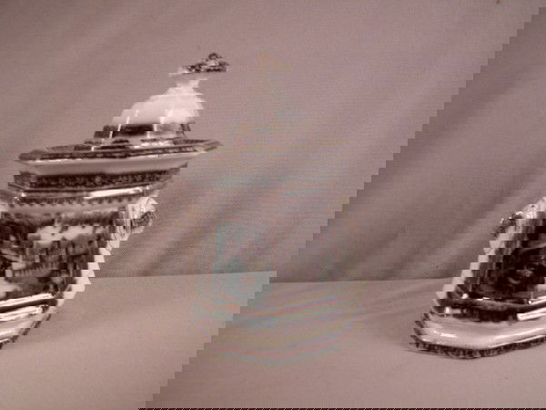 Ironstone mulberry transfer ware covered sugar, l: Ironstone mulberry transfer ware covered sugar, lid finial repaired