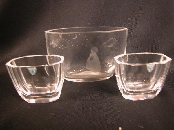 Orrefors pillow vase with girl looking at moon an: Orrefors pillow vase with girl looking at moon and stars and 2 small oval vases