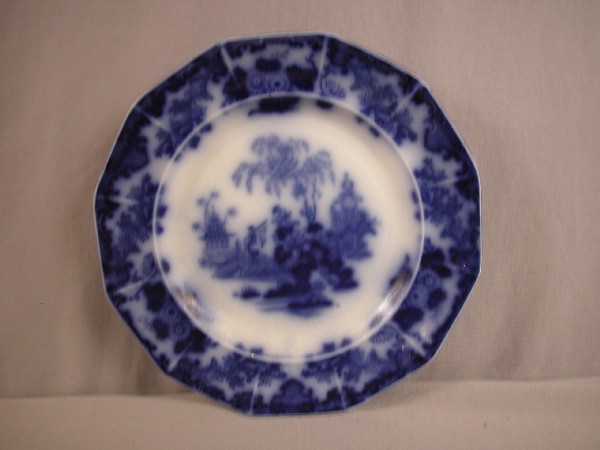 Flow Blue "Oriental" 10" plate, hairline: Flow Blue "Oriental" 10" plate, hairline