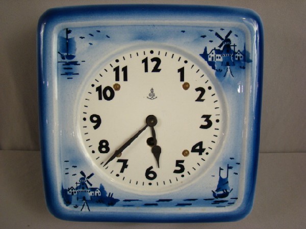 Gustav Becker blue and white porcelain kitchen cloc: Gustav Becker blue and white porcelain kitchen clock, Holland motif, 9"