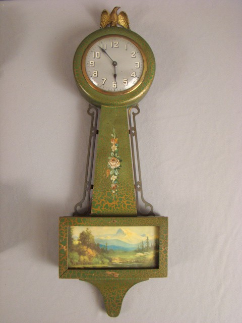 Gilbert banjo clock with eagle and mountain tablet,: Gilbert banjo clock with eagle and mountain tablet, 23"