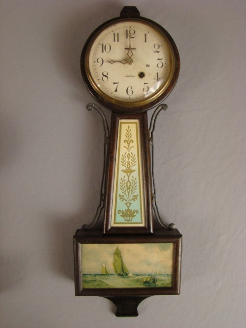 New Haven 8 day banjo clock, sailboat tablet, 23" : New Haven 8 day banjo clock, sailboat tablet, 23"