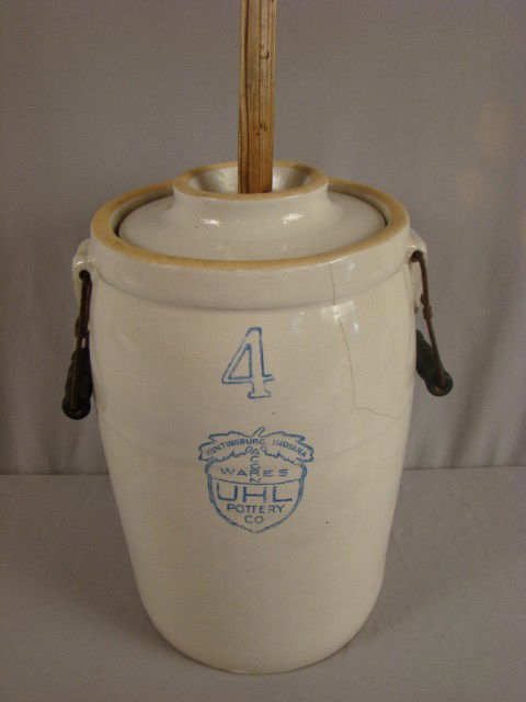 Uhl crock churn with wire handles, lid and dasher,: Uhl crock churn with wire handles, lid and dasher, hairline