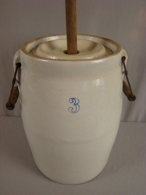 No. 3 crock churn with lid, dasher and wire handle: No. 3 crock churn with lid, dasher and wire handles, small chips to lid