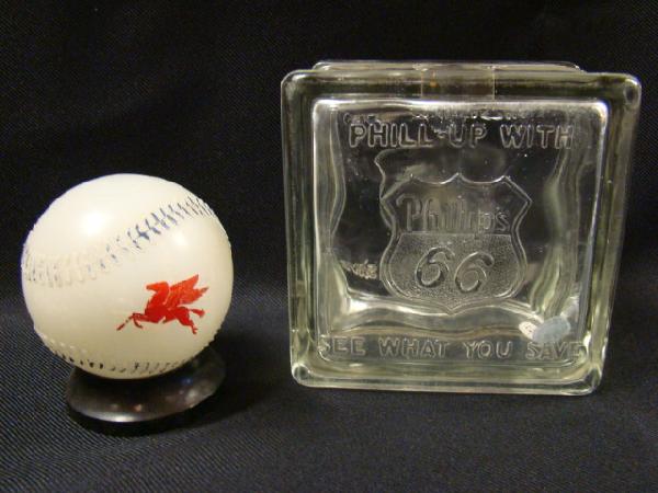 Phillips 66 glass block bank and Mobil Oil basebal: Phillips 66 glass block bank and Mobil Oil baseball bank