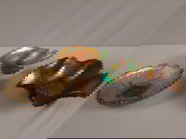 Carnival glass group - Intaglio amethyst bowl, 5: Carnival glass group - Intaglio amethyst bowl, 5 1/2" AND Northwood luster flute creamer, cracks to rim, AND