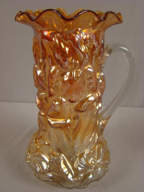 Dugan marigold carnival glass heavy iris tankard,: Dugan marigold carnival glass heavy iris tankard, 11"
