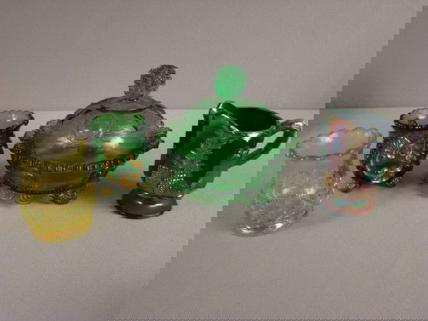 Amber toothpick holder; green croesus toothpick;: Amber toothpick holder; green croesus toothpick; Greentown Dewey covered butter and carnival creamer