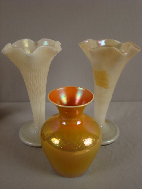 Albert Christian art glass vase and 2 art glass i: Albert Christian art glass vase and 2 art glass iridescent vases, nice lot