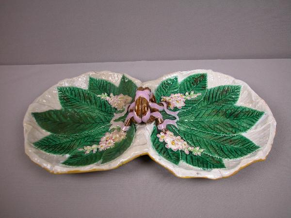 GEORGE JONES tobacco leaf on napkin two part serv: GEORGE JONES tobacco leaf on napkin two part serving tray with vine handle, 17 1/2", restored