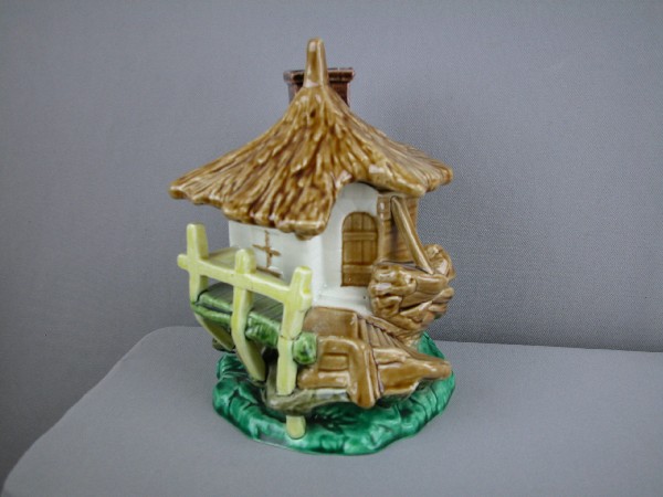 SARREGUEMINES rare form humidor in the form of : SARREGUEMINES rare form humidor in the form of a Swiss cottage, repair to chimney, stair railing and finial, 7"