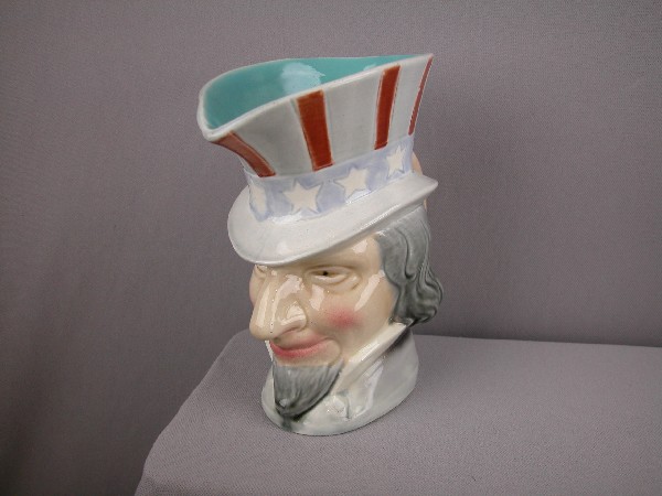 SARREGUEMINES figural face jug #4316, "Uncle Sa: SARREGUEMINES figural face jug #4316, "Uncle Sam", 8", ref: Cunningham p. 68, professional rim repair