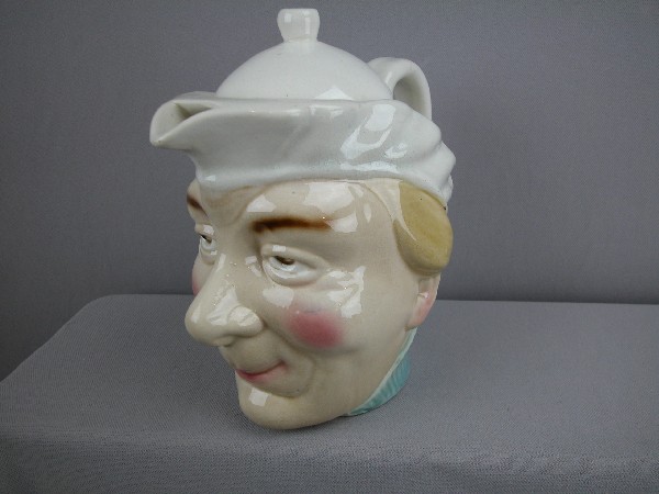 Sarreguemines rare face jug teapot with lid, no.: Sarreguemines rare face jug teapot with lid, no. 3879, old lady motif, 8 1/2"