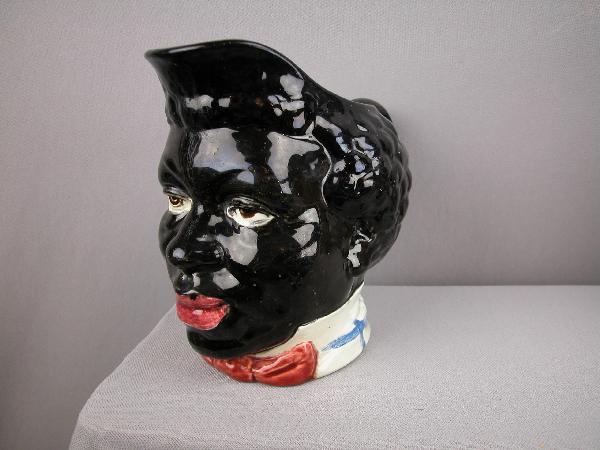 SARREGUEMINES figural face jug #3884, "Le Noir": SARREGUEMINES figural face jug #3884, "Le Noir", rare form, 6 3/4", ref: Bottero p. 24