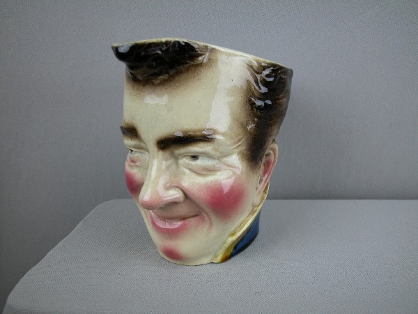 SARREGUEMINES figural face jug #3320,"Suspiciou: SARREGUEMINES figural face jug #3320,"Suspicious Eyes", 6", ref: Cunningham p. 66, hairline
