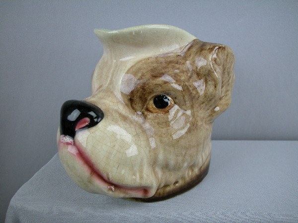 Sarreguemines figural bulldog head pitcher, ref: : Sarreguemines figural bulldog head pitcher, ref: Cunningham p. 58, 7", minor crazing, rare