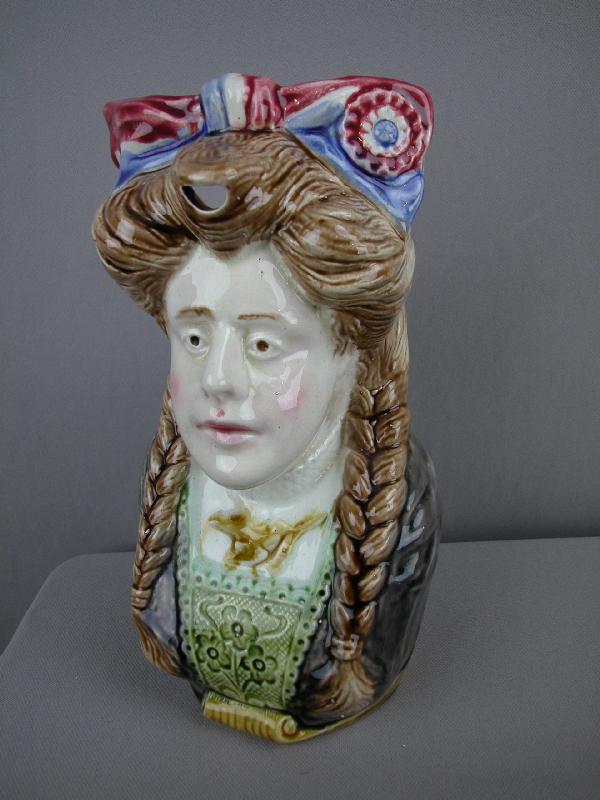FRIE ONNAING "Alsatian Woman with Braids" figural: FRIE ONNAING "Alsatian Woman with Braids" figural pitcher, ref: Cunningham p. 111, 9 1/2"