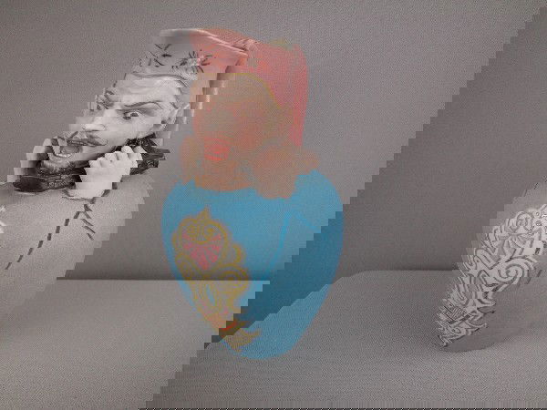 GEORGE JONES porcelain jug with jester top, nice: GEORGE JONES porcelain jug with jester top, nice detail, 8 1/4", professional rim repair