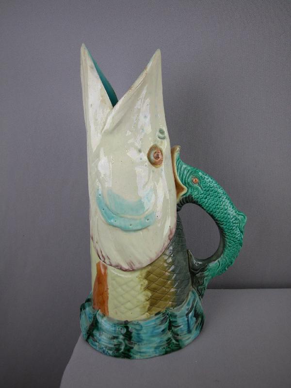 Royal Worcester rare figural pike fish pitcher wi: Royal Worcester rare figural pike fish pitcher with fish handle, 12", professional repair to rim, ref: Karmason- Stacke p.116